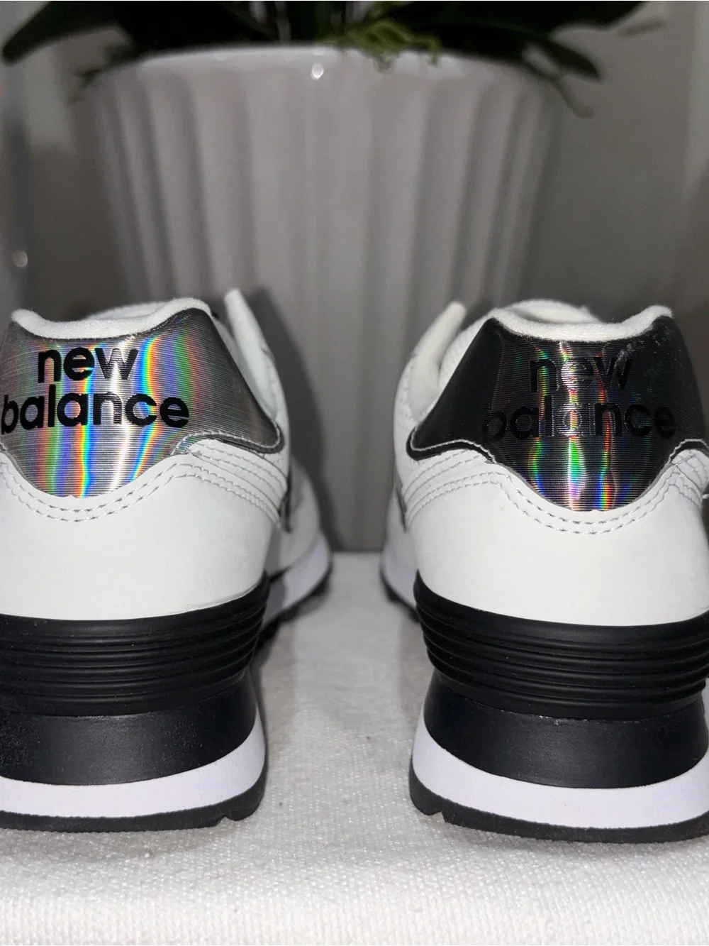 New Balance 574 Women’s White Sneakers in Light Gray and Black Accents